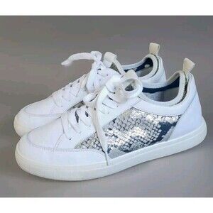 Steve Madden Sneakers Women's 8.5 Bliss Off White Leather Metallic Snake Print